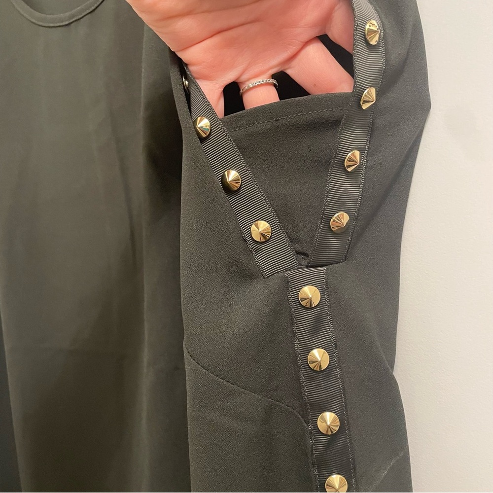 Black Midi Dress, Heavy Gold Studs, Scoop Neck, Rock n Roll, Flowy, Goth, Moto - Picture 6 of 10